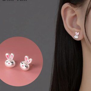 Anthro Cute Sleeping Rabbit With Eyelashes In 3D Pin Micro Earrings